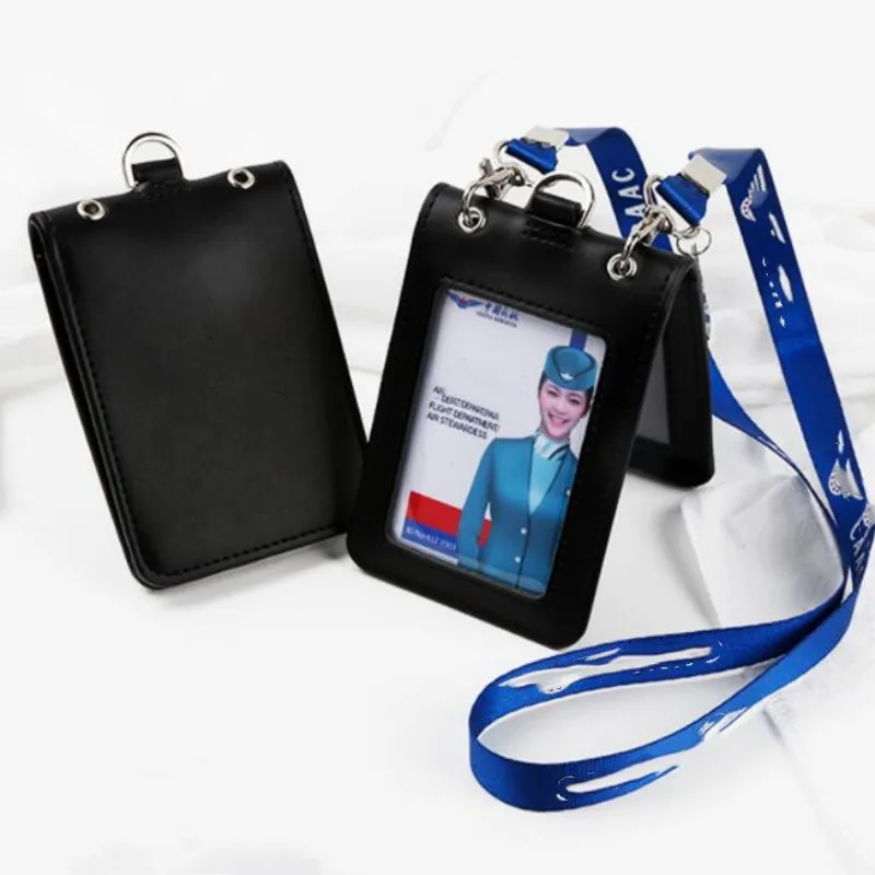 Juego de tarjetas de trabajo de cuero genuino, funda cartuchera para tarjetas de identificación, Clip para nombre de fábrica de crédito bancario, archivador de insignia, cordón para etiqueta de aviación