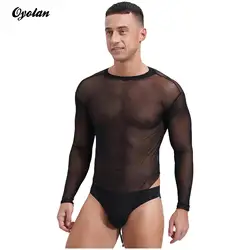 Mens Lingerie High Cut Bodybuilding Clubwear Lace-up Crotch See Through Long Sleeve Bodysuit Crew Neck Bodystocking Underwear