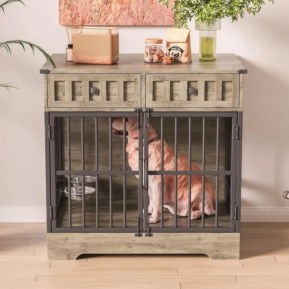 

Dog Crate Furniture with 2 Drawers, 35.1" Indoor Wooden Animal Kennel with Detachable & Adjustable Feeder 2 Bowls, Large Medium