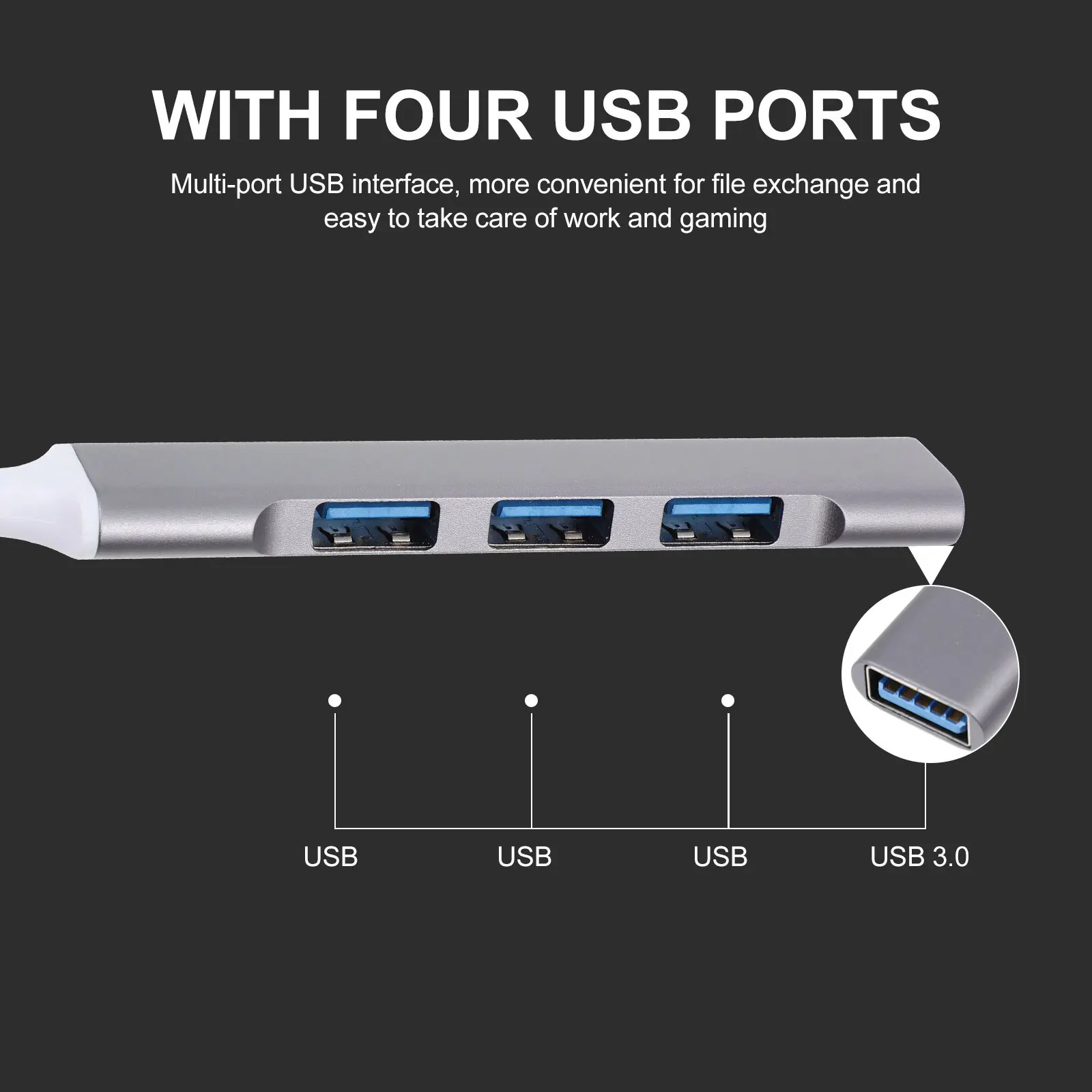 

USB Hub Aluminum Alloy 4 Ports USB 3.0 Data Extension Hub Multi-Port Splitter Heat Dissipation Design for Pc Accessories