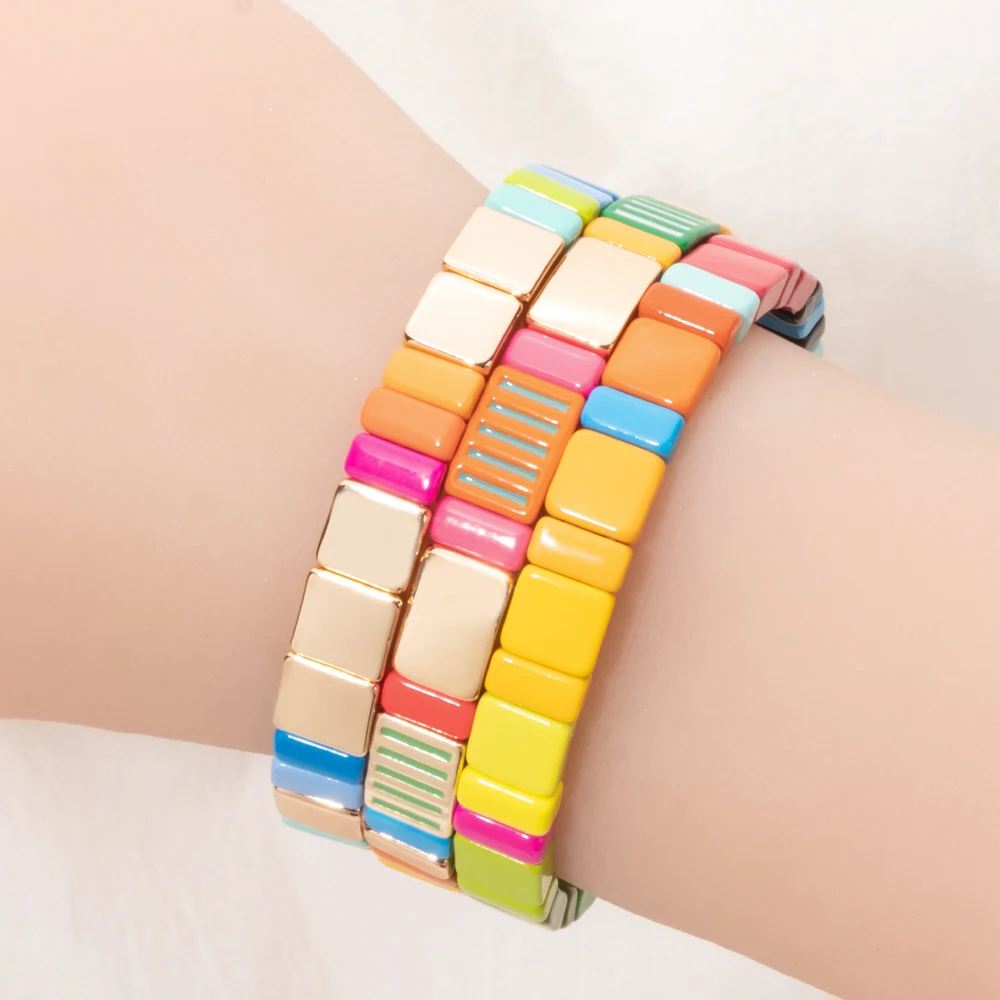 BEUTIFOR 2024 Rainbow Color Enamel Tile Bracelet Set Drip Oil Women Elastic Charm Bangle Gold Color Jewelry Accessories