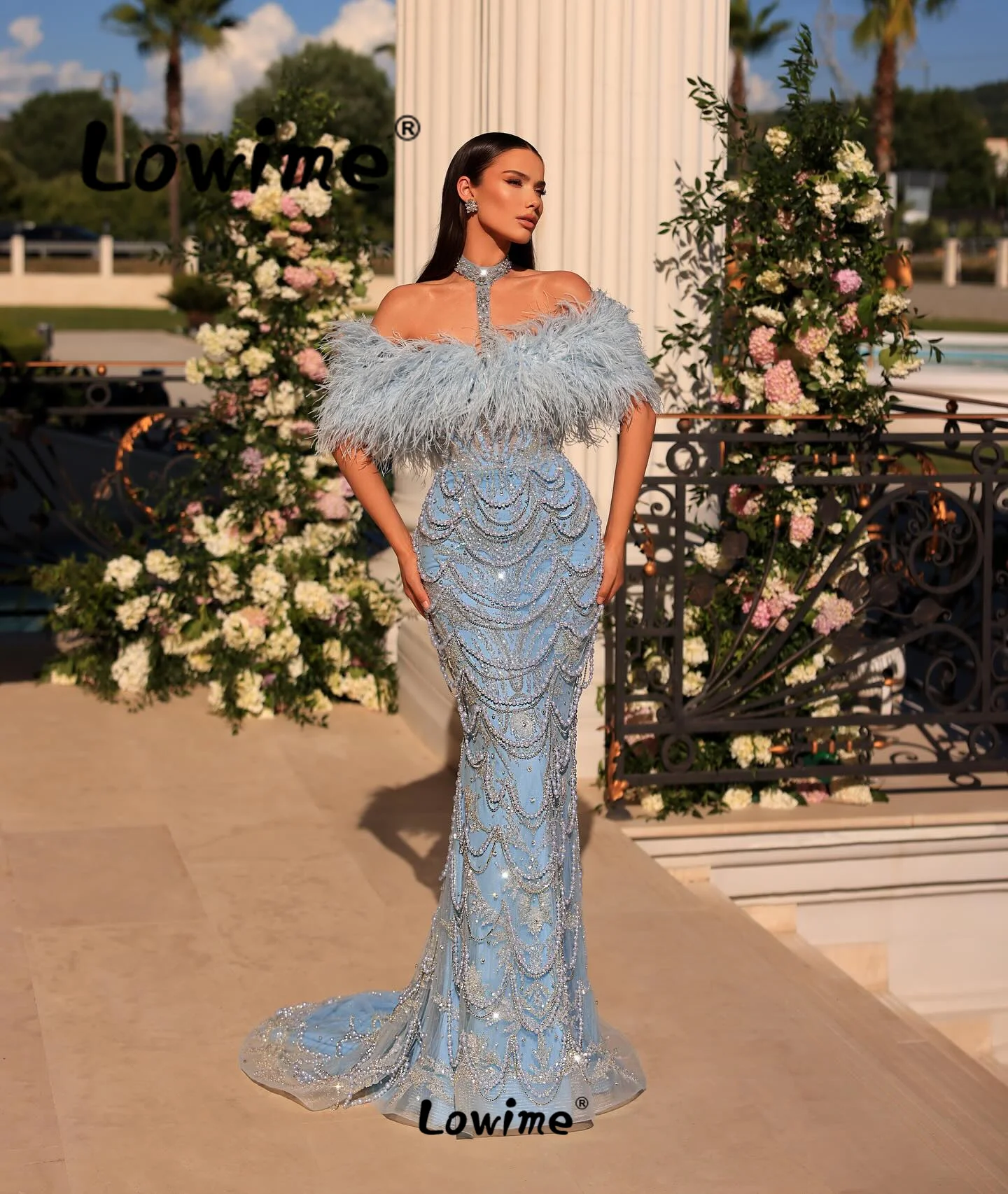 

Feathers Blue Prom Dress 2024 Arabic Aso Ebi Crystal Pearl Beaded Mermaid Engagement Gowns Wedding Party Dress Celebrity Dresses