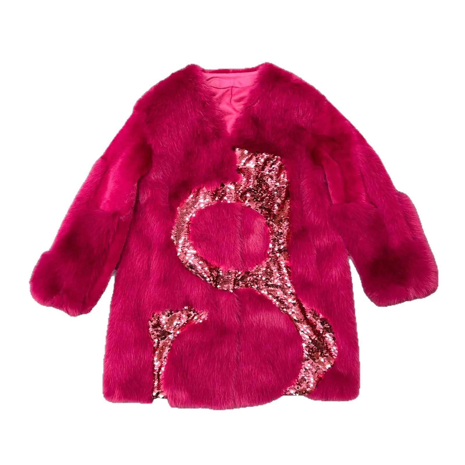 2025 Autumn Winter New Faux Fur Mid-Length Thickened Warm Fashion Sequin Versatile Women's Faux Fur Coat Winter Coat Women