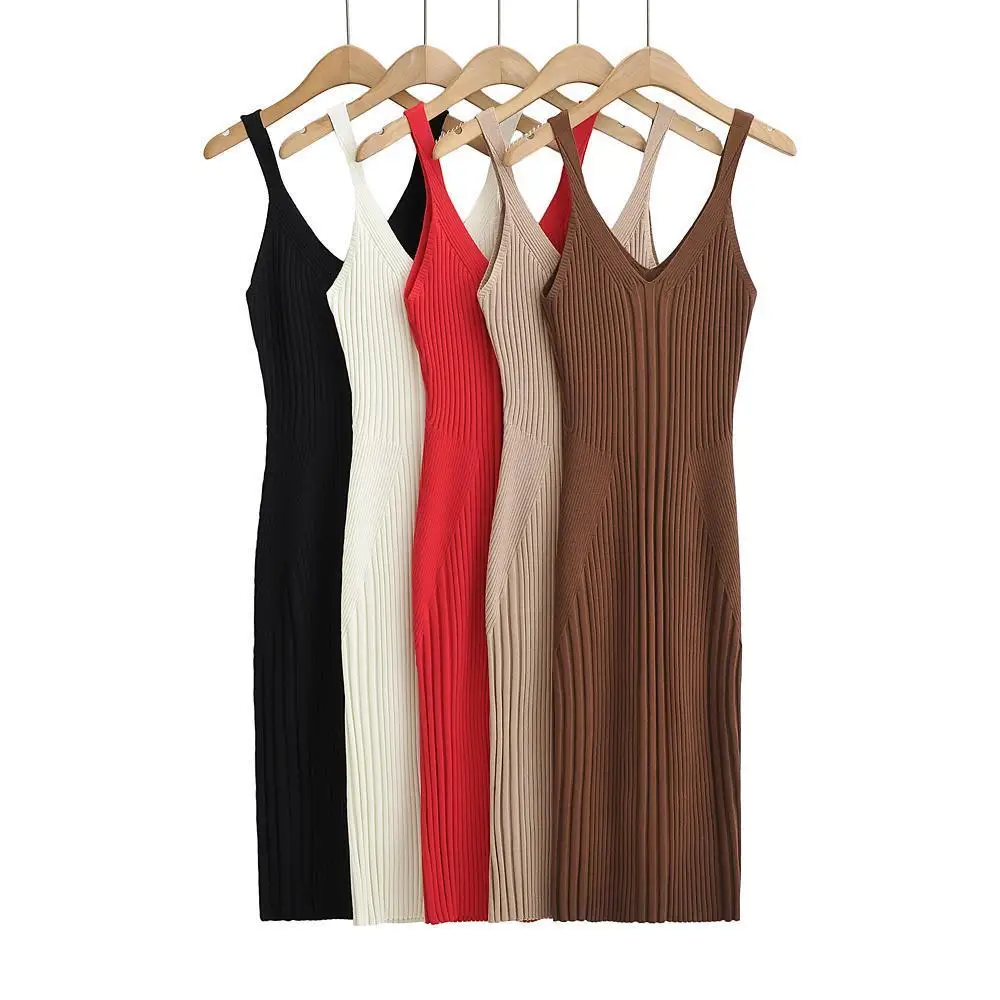 Summer Tank Sleeveless V-neck Rib Knitted Dress Women 5 Colors Elastic Slim Midi Dresses