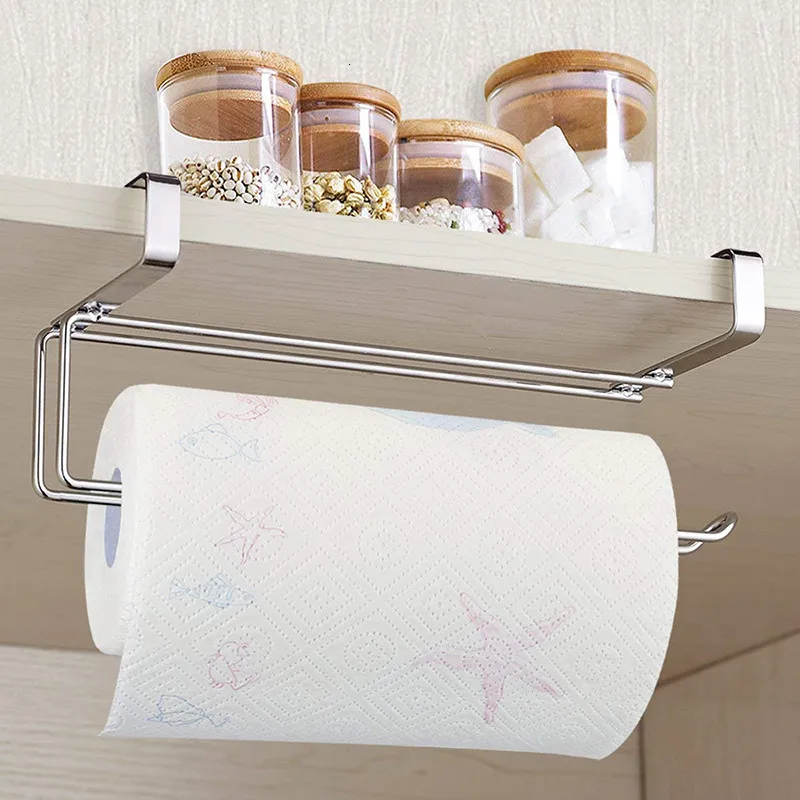 ZhangJi Fashion Roll Paper Towel Holder Stainless Steel Removable Organizer Hang Type Bathroom Kitchen Tissue Rack No Drilling