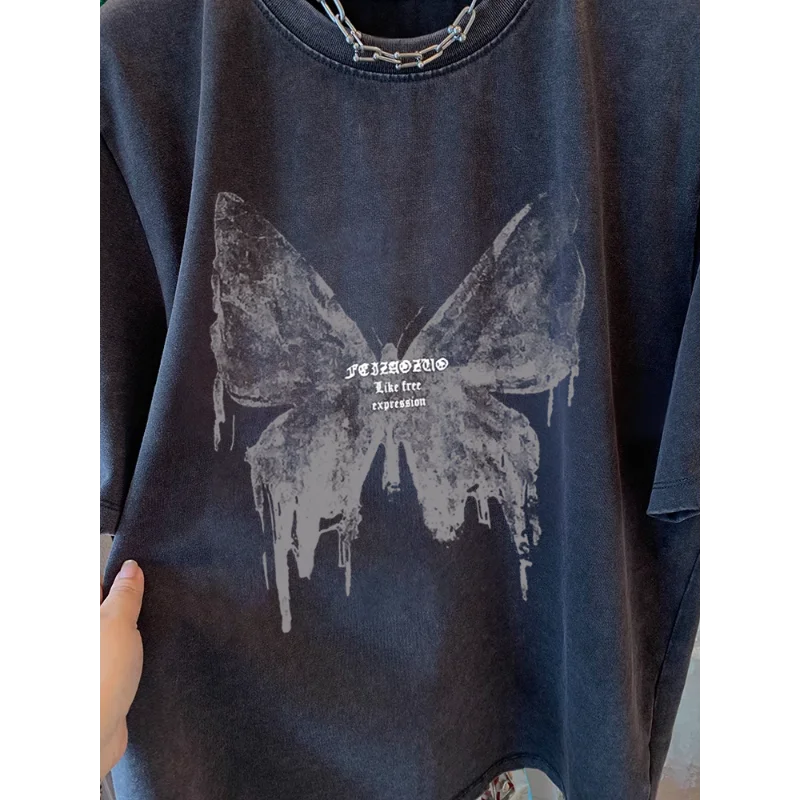 النمط الأمريكي الرجعية إلكتروني طباعة المرأة تي شيرت 2025 جديد الصيف العصرية غسل-أسود قمة Harajuku وسيم الشارع الشهير المحملة القمم #4