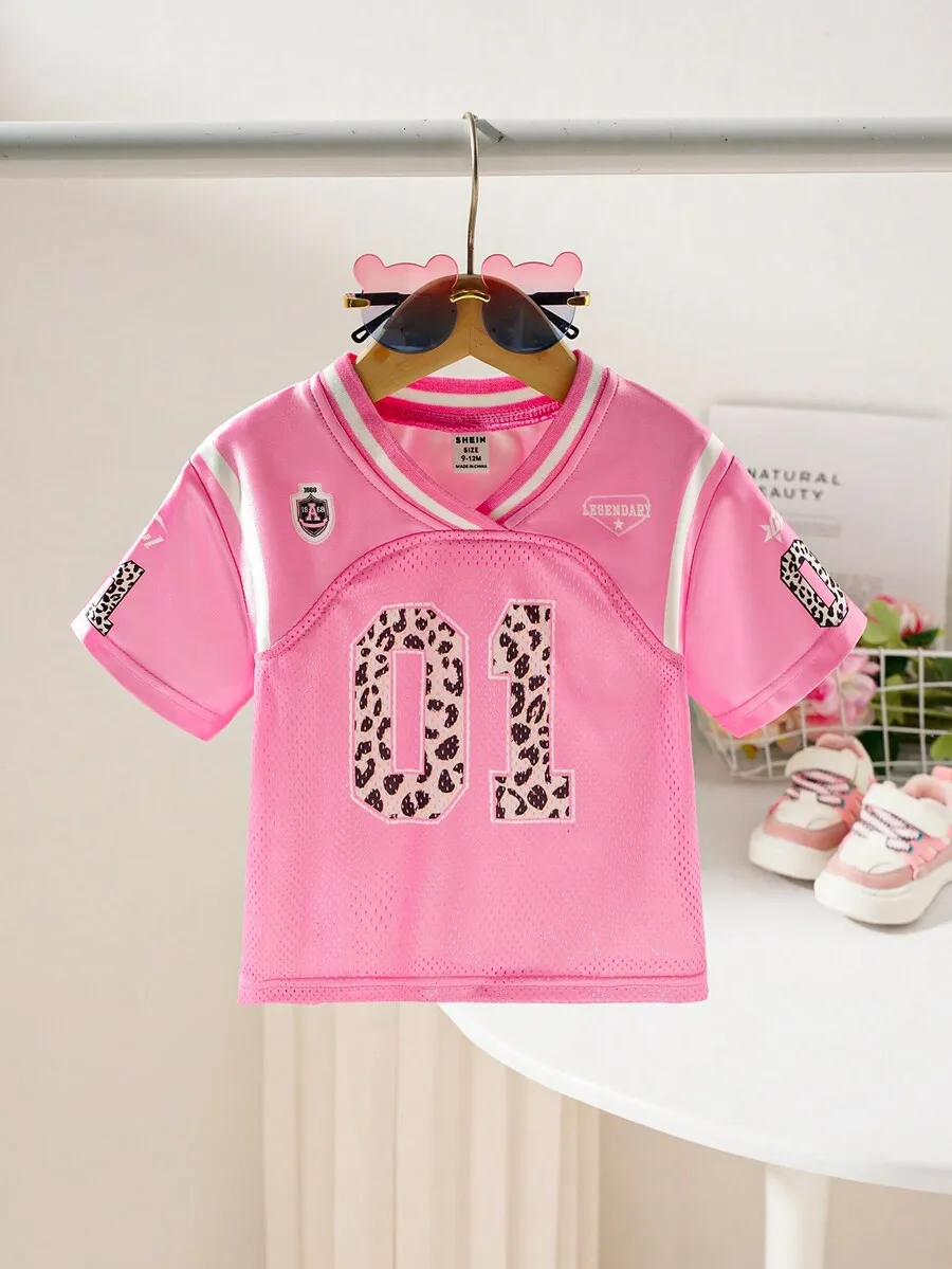 

Pink Leopard Print Number 01 Mesh Football-Style Jersey for Toddler Girls
