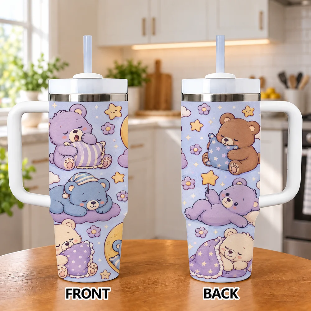 Cute Bear Acorn Bee Mushroom Autumn 40oz Tumbler with Handle Straw Stainless Steel Insulated Travel Mug Water Cup Vacuum Flasks