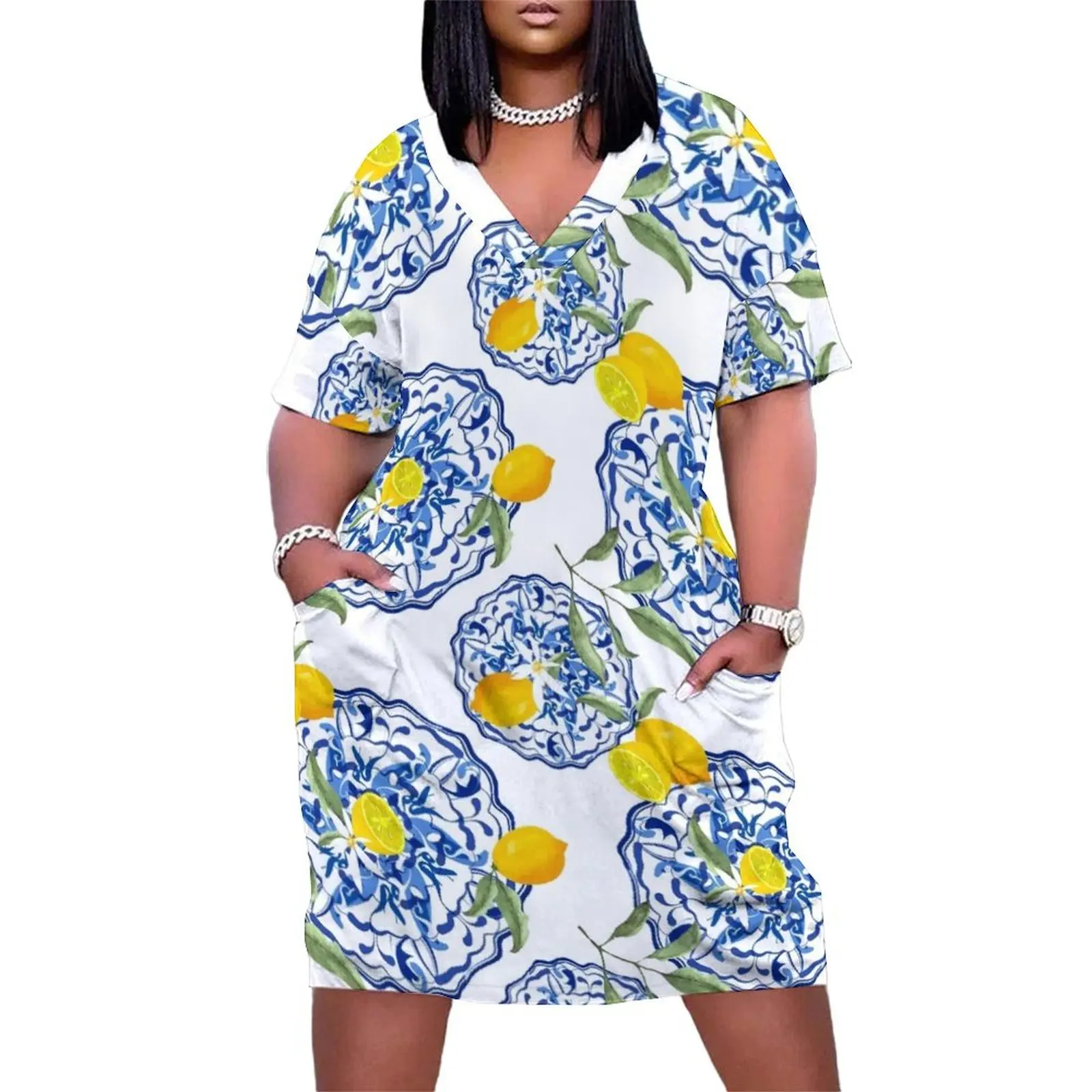 

Simple Summer,citrus,mosaic background ,Mediterranean style,lemon fruit pattern Loose Pocket Dress long dress women