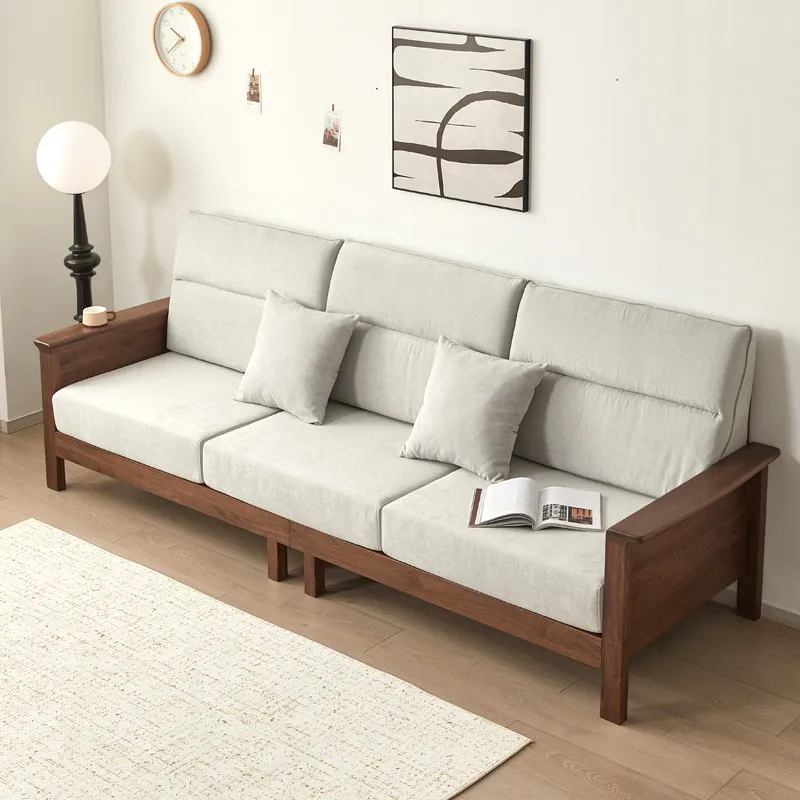 Customized North American Black Walnut Pure Solid Wood Log Straight Row Sofa, Simple And Modern Large Apartment Living Room Fabr