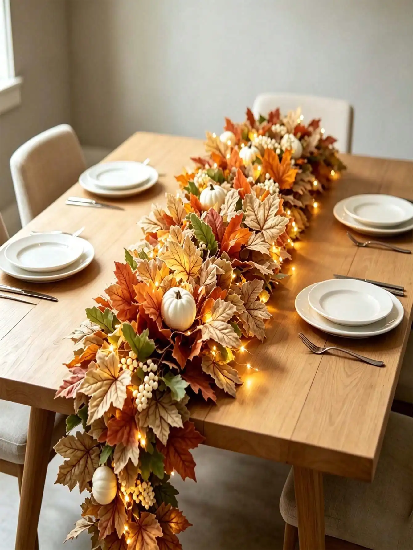 4pcs Artificial Autumn Maple Leaf Vine With LED String Lights, Berries And Pumpkins, Hanging Decor For Thanksgiving Table, Room, Stairs, Windows, Porch, Garden Fence, DIY Wreath, Thanksgiving Harvest Home Decoration - view 3