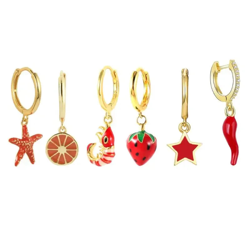 925 Sterling Silver Needle Cute Red Enamel Drip Glue Pendant Hoop Earrings For Women Strawberry/Chili/Star Gold Earrings Jewelry