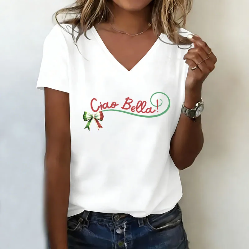 Casual Fashion Y2k Ciao Bella Printed T-shirt V Neck T Shirts Women Short Sleeve Tee Shirt V-Neck Summer Spring