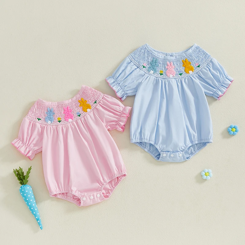 FOCUSNORM 0-18M Lovely Baby Girls Easter Romper Ruffles Short Sleeve Flower Rabbit Embroidery Smocked Crew Neck Jumpsuit