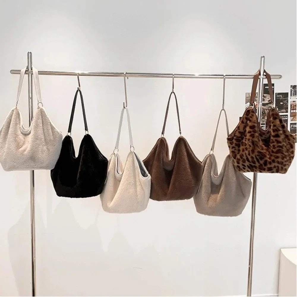 

Fashion Large Capacity Shoulder Bags Leopard Solid Color Tote Bags Lightweight Ladies Furry Bag Women