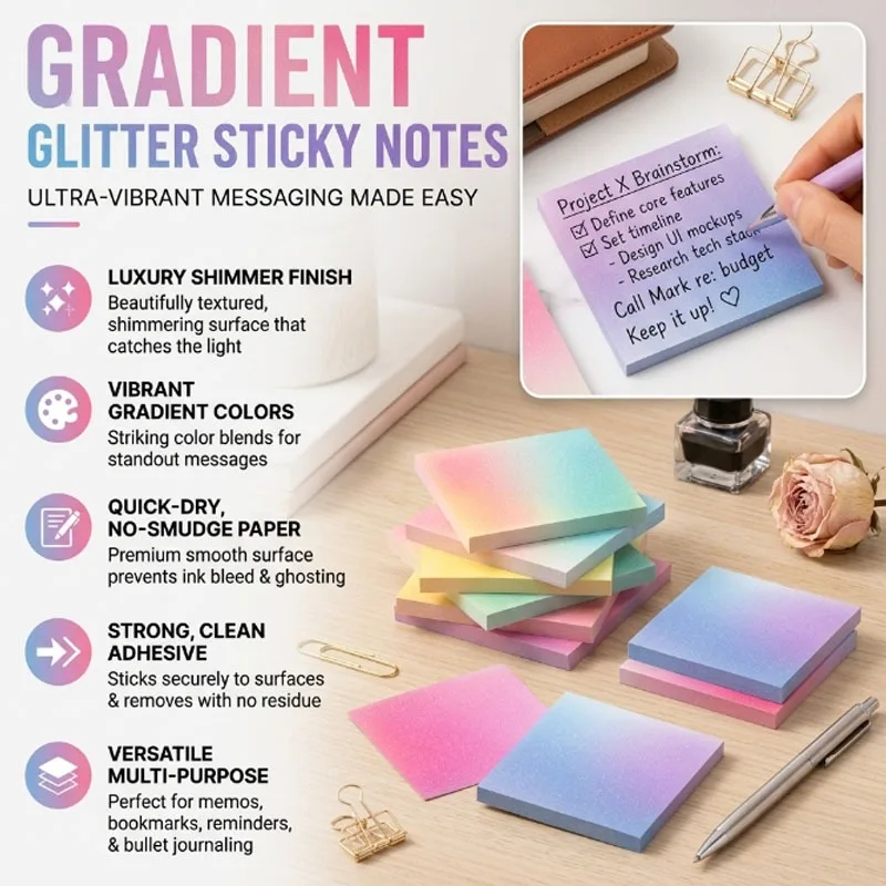 Frosted Pearlescent Sticky Notes, Strong Adhesive, Quick-Dry Non-Smudge, Gradient Design, Perfect for Office Notes and Memos.