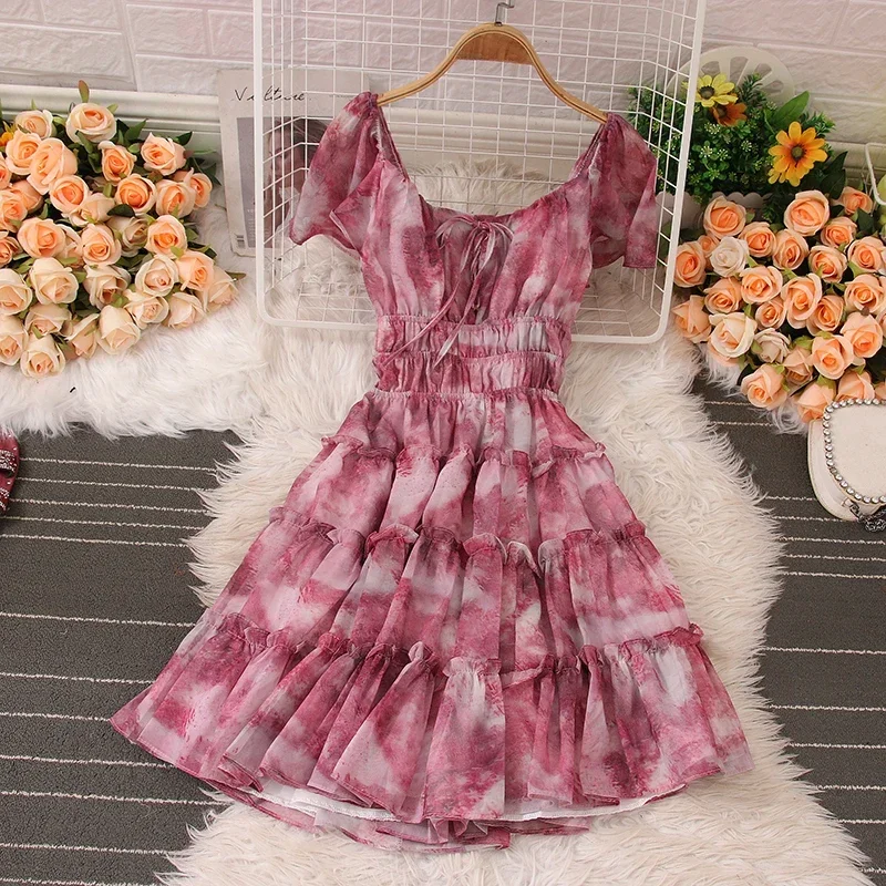 Oil Painting Print Women 2025 Vestidos Square Collar Flare Sleeve Dresses High Waist Dress Court Vestido Summer New Clothing