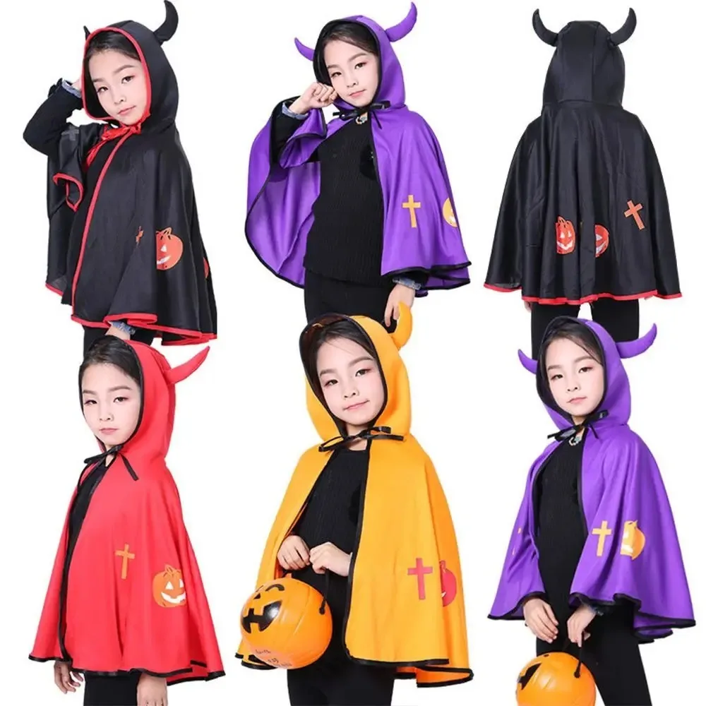 New Pointed Hat Halloween Bullhorn Cloak Hooded Pumpkin Cartoon Hooded Cloak Cosplay Devil Horn Cloak for Kids