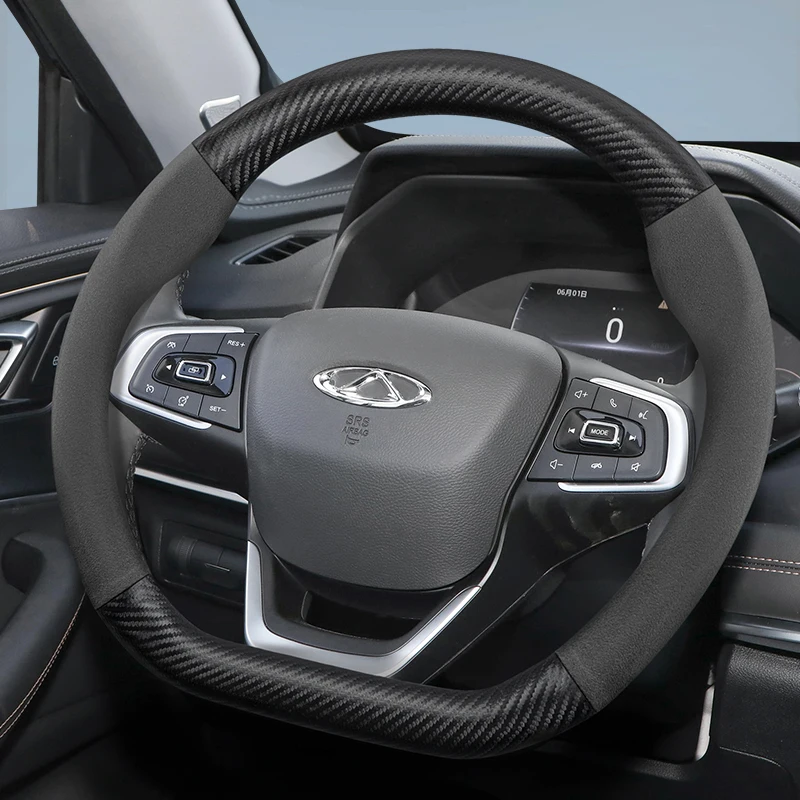 

For CHERY Suede Carbon Fiber PU Leather Steering Wheel Cover Fit Tiggo 7 Pro Max 2 8 4 5 9 Qq Fx Arrizo Fulwin Omoda T11 QQ