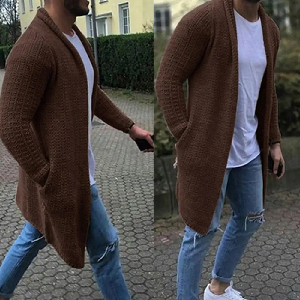 Men Cardigan Solid Color Open Front Knit Sweater Loose Pocket Men Cardigan Coat Fashion Winter Long Cardigan Men's Clothing