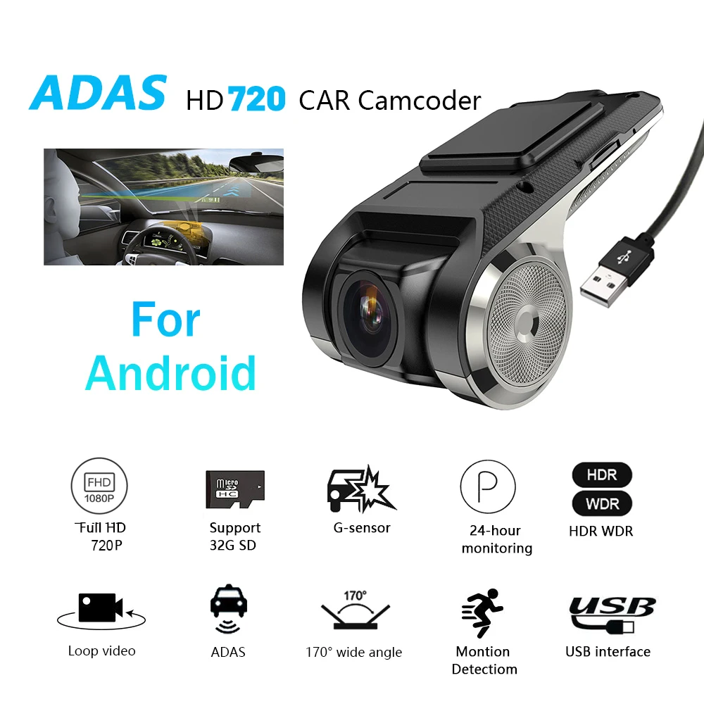 Podofo Dash Cam ADAS Car DVR ADAS Dashcam DVRs Video HD 720P USB TF Card 16G/32G Auto Recorder for Android Multimedia Player DVD