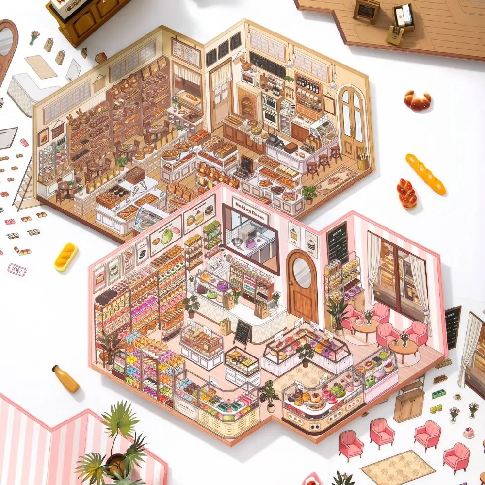 New Bread Shop Series Miniature Landscape Sticker PET Large Size 3D Landscape Sticker Cartoon Gift Cabin Scene Sticker