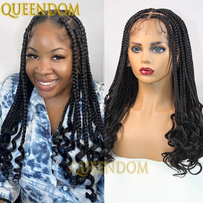 Perruque tressée synthétique Cornrow Tresse, pleine dentelle, boîte au crochet, tressée, tresses à boucles françaises faites à la main, extrémités bouclées ondulées, 18 po