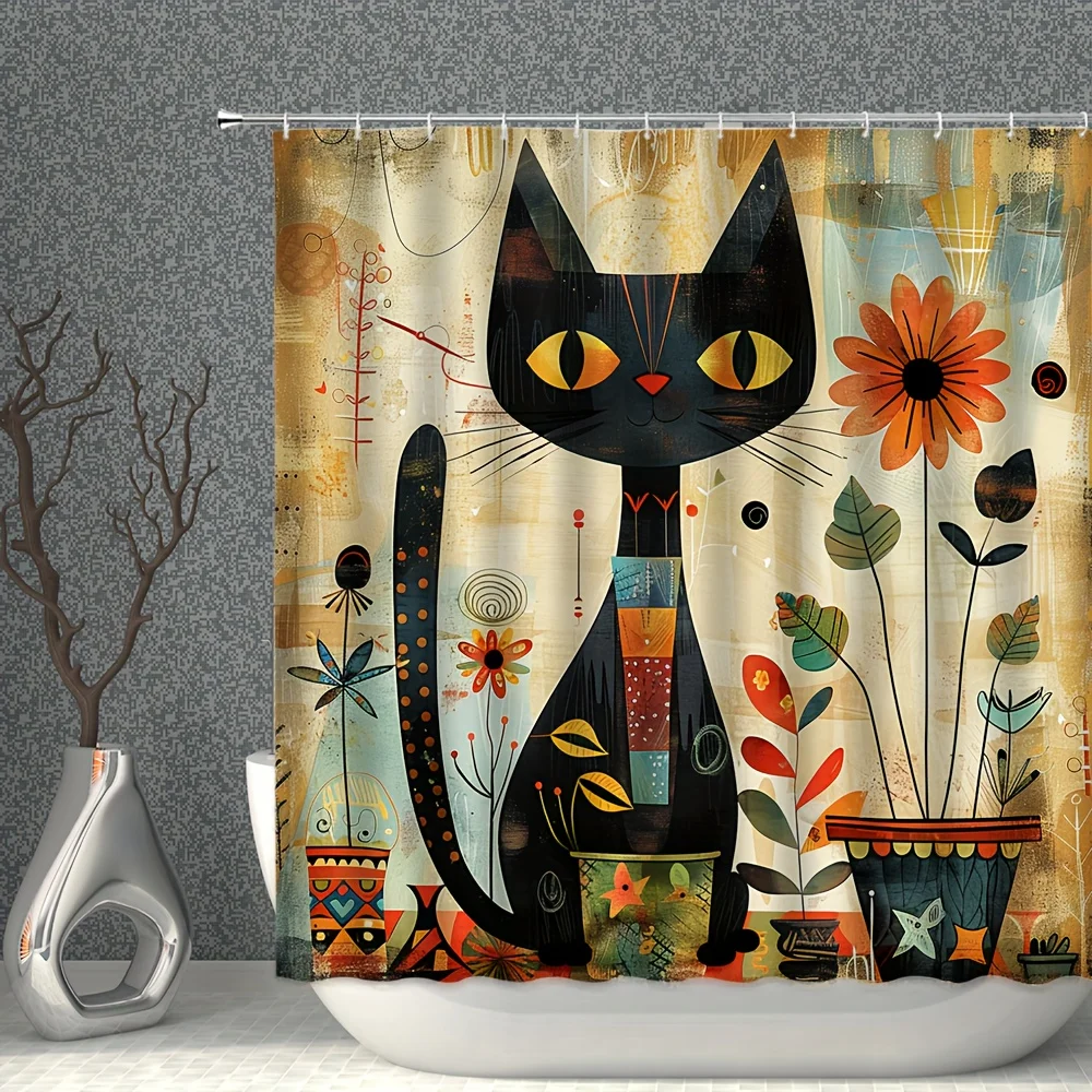 

Rustic Black Cat And Sunflower Shower Curtain, Vintage Watercolor Cartoon Cat Design, Polyester Fabric Bathroom Decor With Hooks