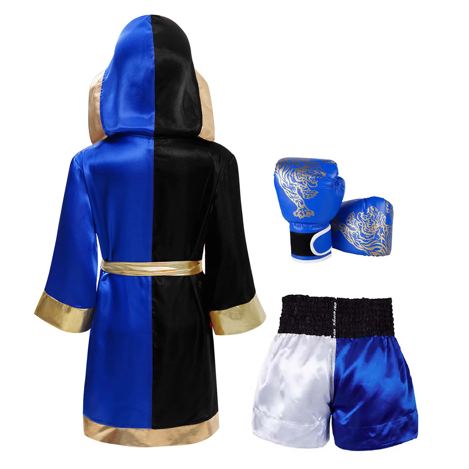 Kids Boys Boxing Sports Costume Long Sleeve Color Block Hooded Robe+Shorts+Boxer Gloves Outfits Halloween Cospaly Costume Set