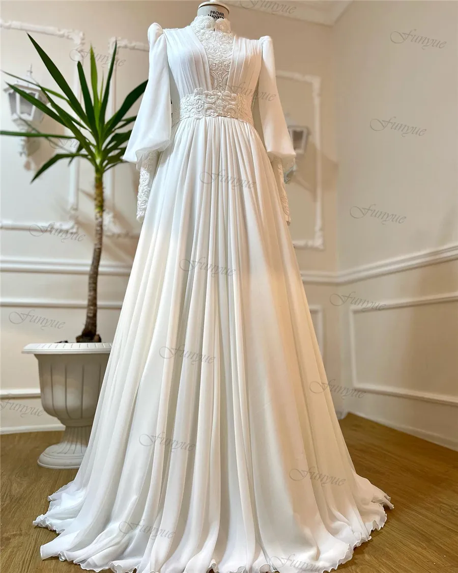 Funyue فرنسا الدانتيل فساتين زفاف إسلامية للنساء مطرز ألف خط الشيفون دبي فستان الزفاف كم كامل Vestidos De Novia 2025