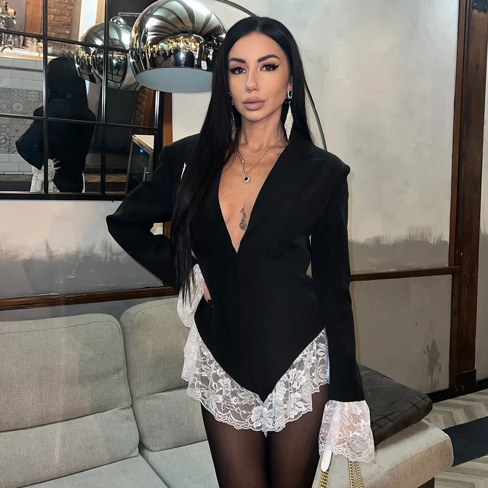 

Tuularos Sexy Lace Jumpsuit Women's Deep V Lapel Blazer Jumpsuit Fashion Retro Luxury Party Club High Waist Slim Short Bodysuits