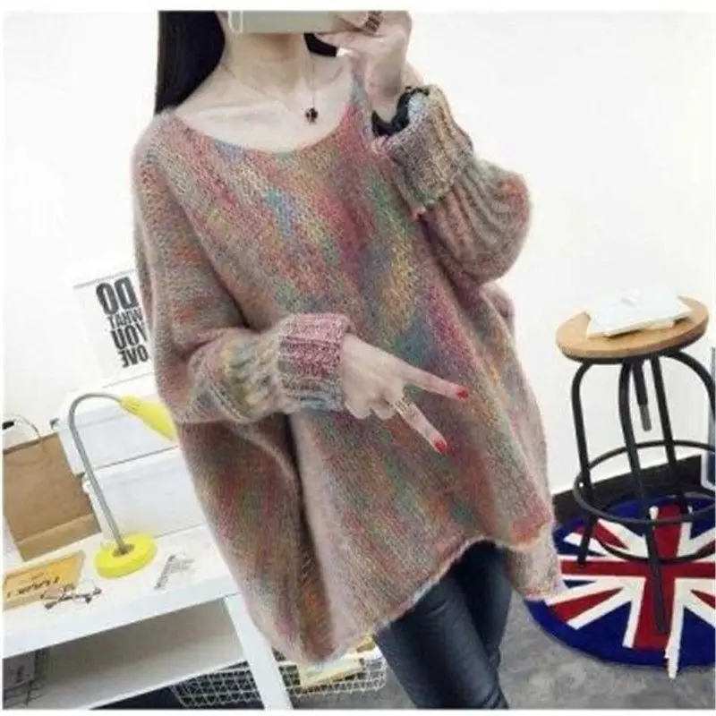 Fashion O-Neck Color Loose Batwing Sleeve Sweaters Women Clothing 2023 Winter New Oversized Casual Pullovers Asymmetrical Tops