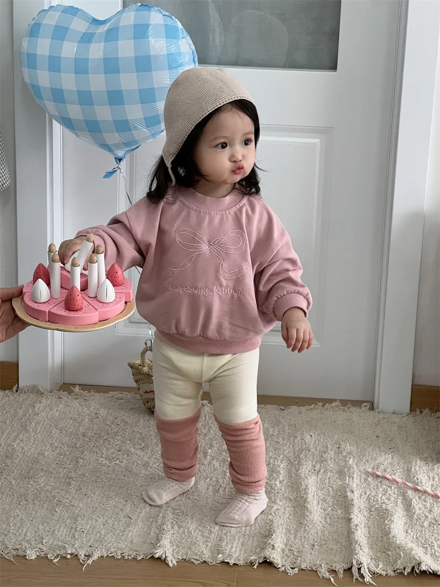 

2025 Spring New Baby Long Sleeve Sweatshirt Girls Cute Bow Letter Embroidery Tops Cotton Infant Casual Pullover Toddler Clothes