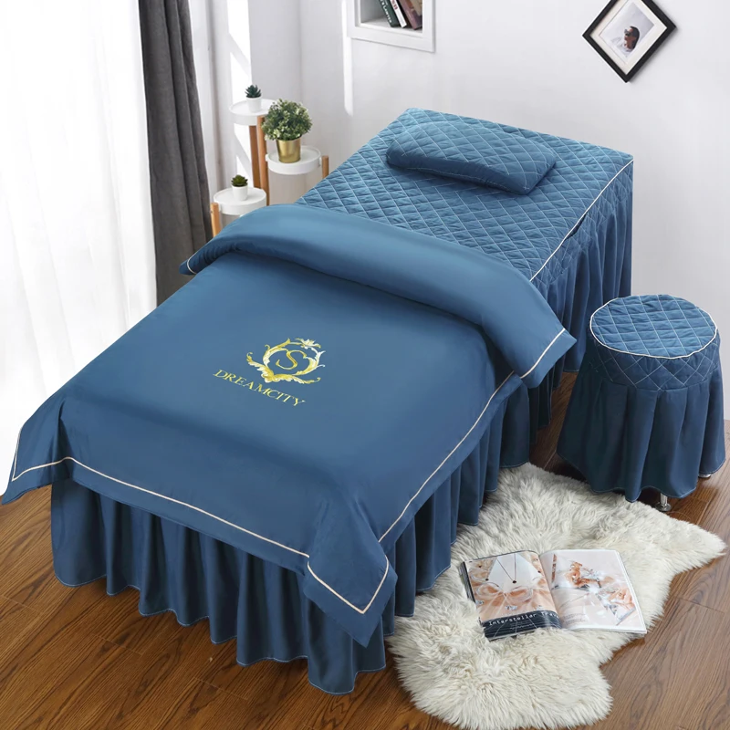 Luxury Embroidery Beauty Salon 4pcs Bedding Sets Massage Spa Relax Bed Sheets Bedskirt Stoolcover Pillowcase Duvet Cover Set