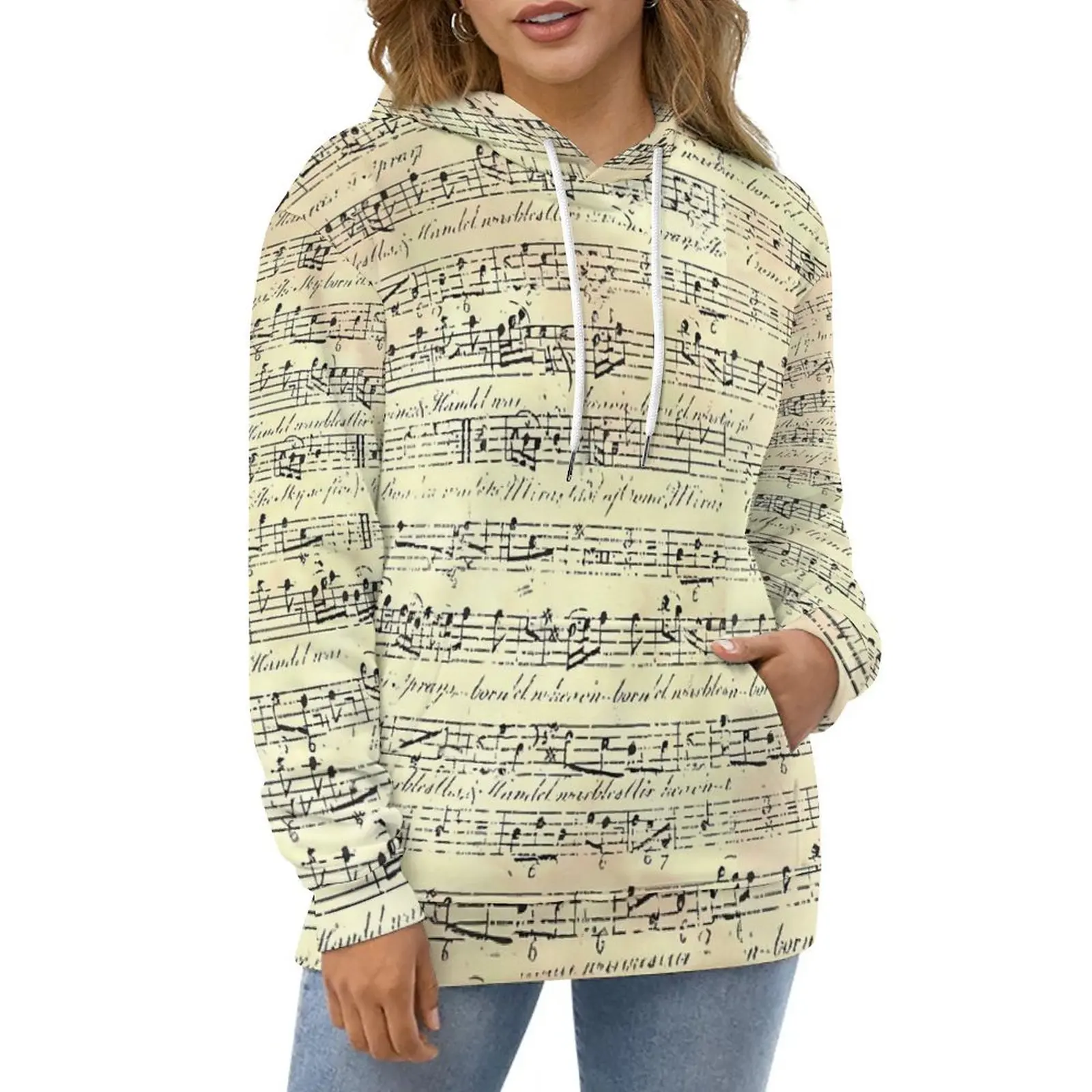 Vintage Music Notes Hoodies Musician Print Harajuku Oversized Hoodie Womens Long Sleeve Modern Printed Casual Hooded Sweatshirts