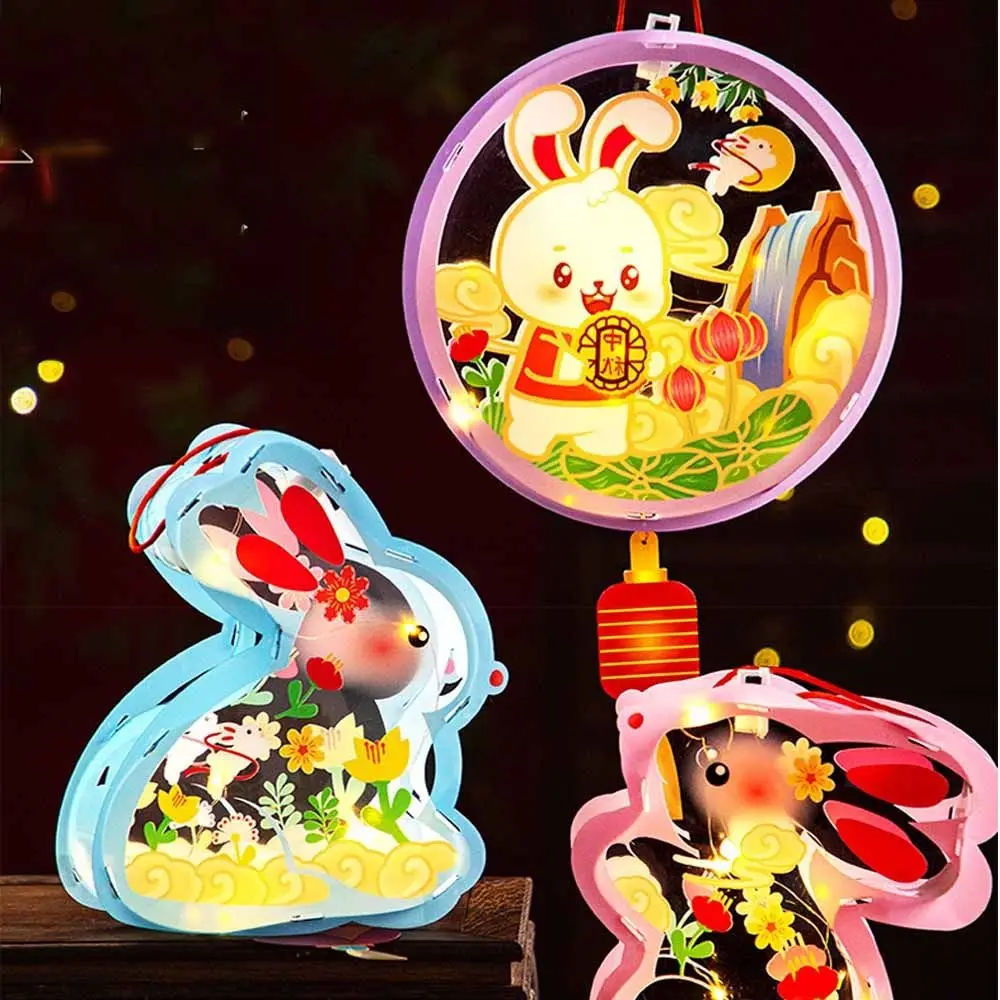 3D Middle Autumn Festival Lantern Rabbit Hand Made Children DIY Lantern Material Kit PP Cartoon Ancient Style Handheld Lantern