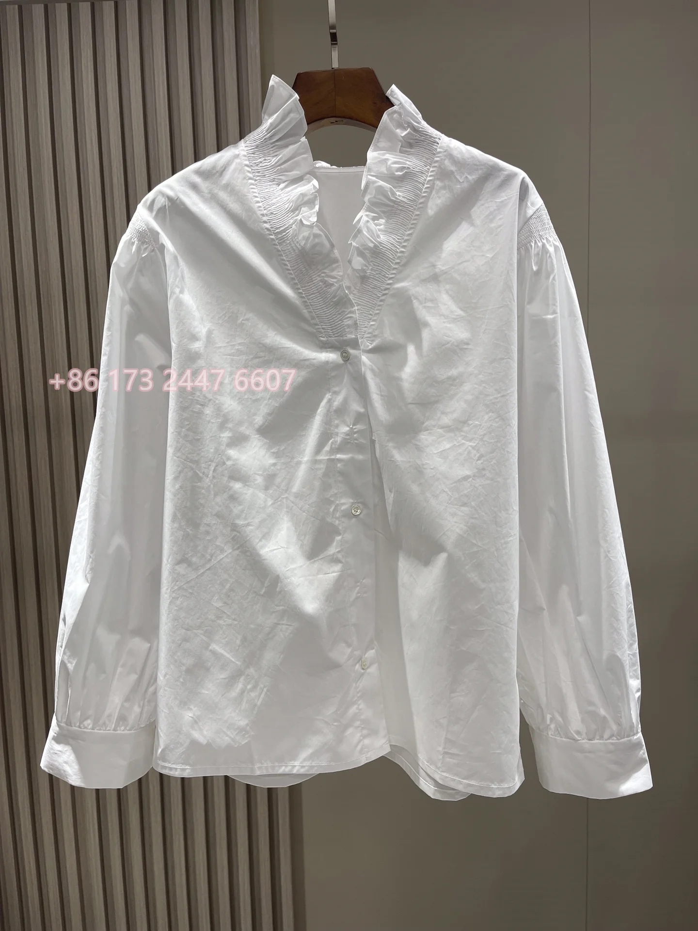 Sand* Fall Women Shirt Blouse Cotton Full Sleeve Stand Collar White Color Casual Vintage Loose Ruffles