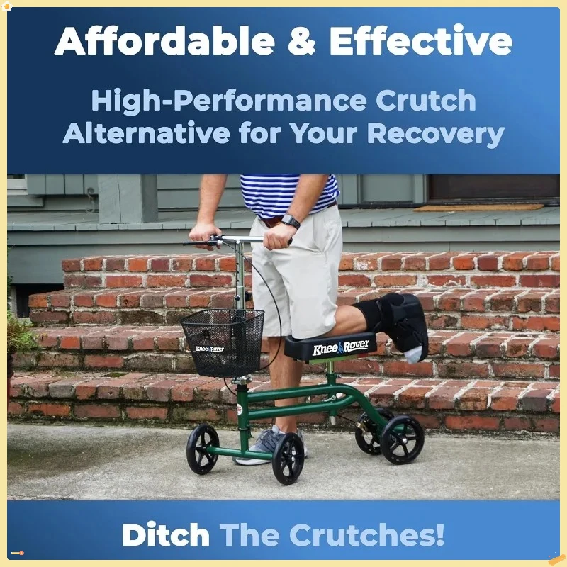 Skuter Lutut yang Dapat Dikendalikan untuk Dewasa, Walker Lutut Lipat dengan Keranjang, Hijau