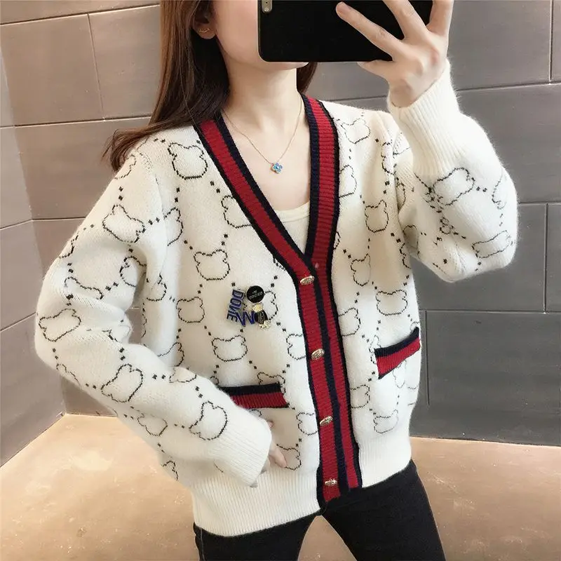 Autumn Winter New Printing Fashion Long Sleeve Sweater Women Casual Loose Button Korean Style Elegant Y2K All-match Cardigan