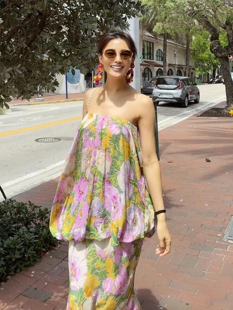 Retro Floral One oulder Dr Women's Island Vaion Beach Skirt Slimming Long Dr Svel High Waist Poly Fiber