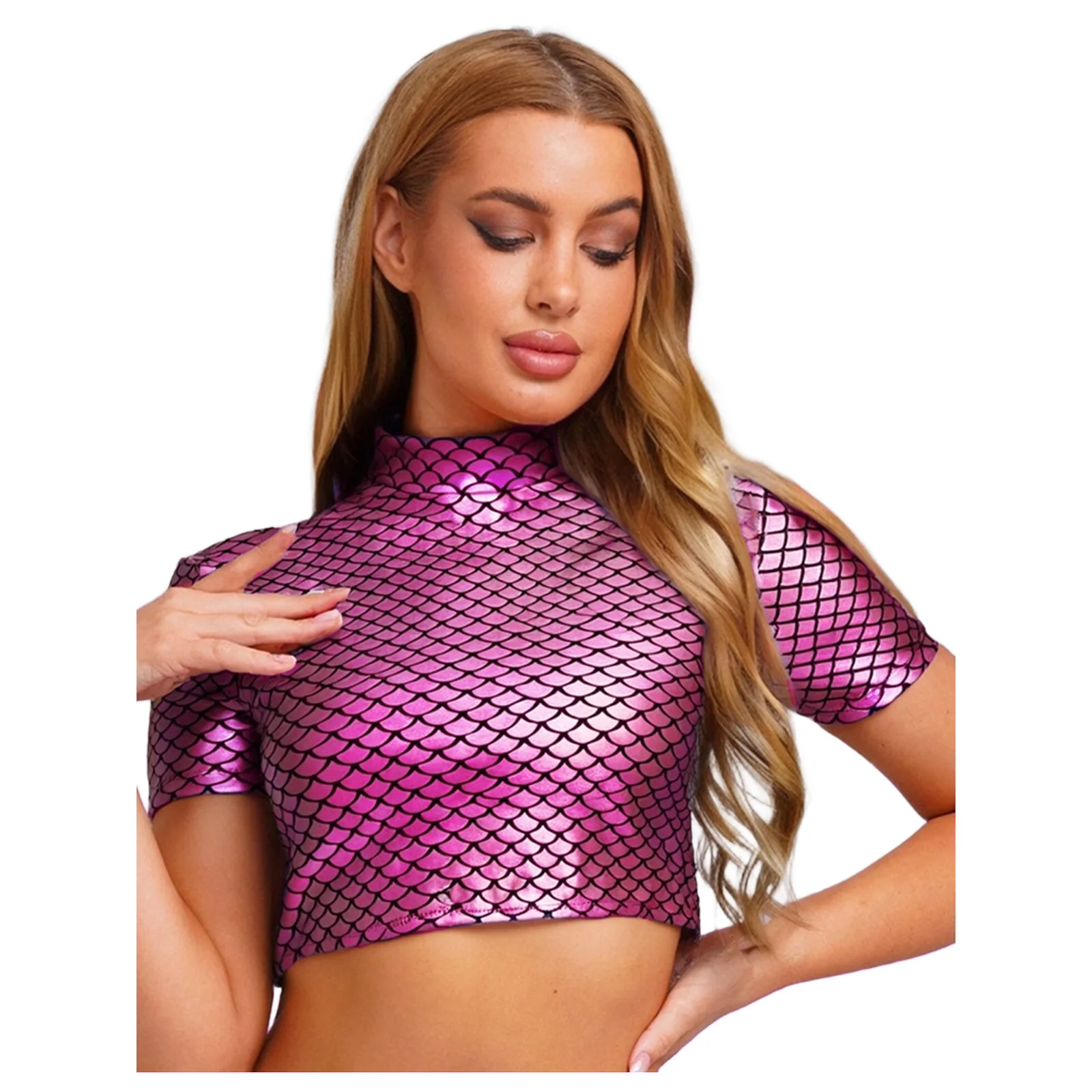 

Women Mermaid Fish Scale Print Crop Top Metallic Shiny Short Sleeve Crop T-shirt for Themed Party Halloween Cosplay Beachwear