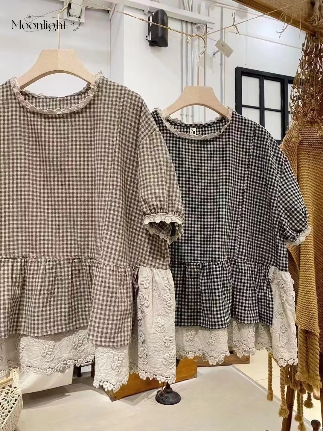 Vintage haftowany koronkowy Patchwork koszula w kratę kobiet lato japoński Kawaii z krótkim rękawem bawełniany lniana bluzka damski styl Mori Girl