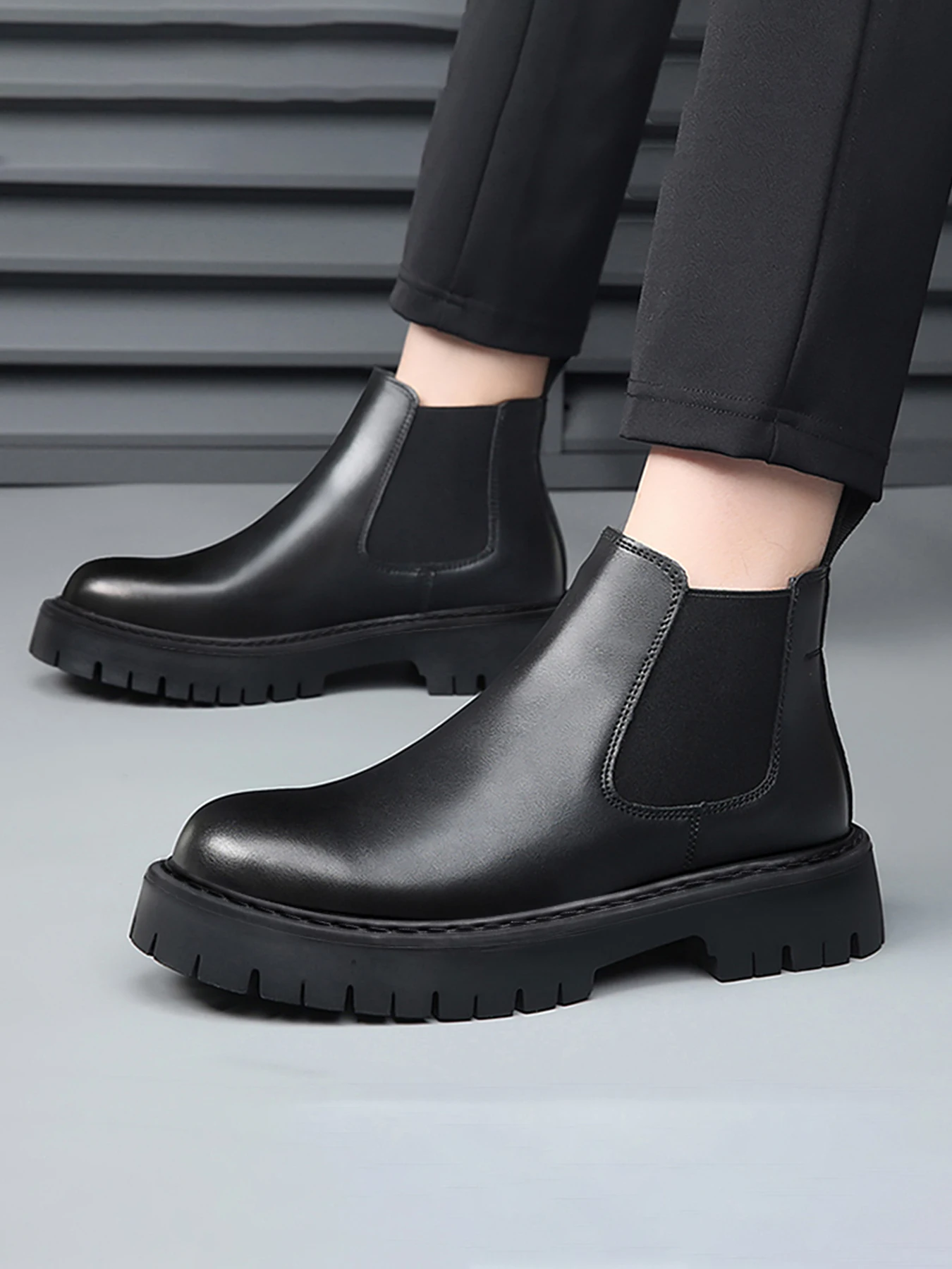 ADMARK Men Chunky Sole Chelsea Boots Black PU Leather Slip On Ankle Boots Fashion Platform Boots for Daily Commute Street Dating Business Wear