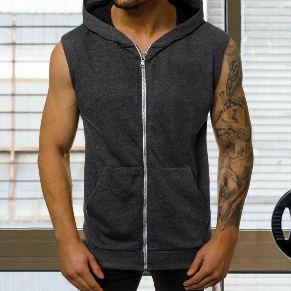 Classic Hoodie Vest  Zipper Closure Shrink Resistant Vest Coat  Men Sport Sleeveless Hooded Sweatshirt