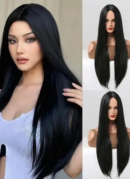 

Black Long Straight Synthetic Wig for Women Middle Part Hairline Natural Looking Daily Party Wear Full Wig 26 Inches Daily Party