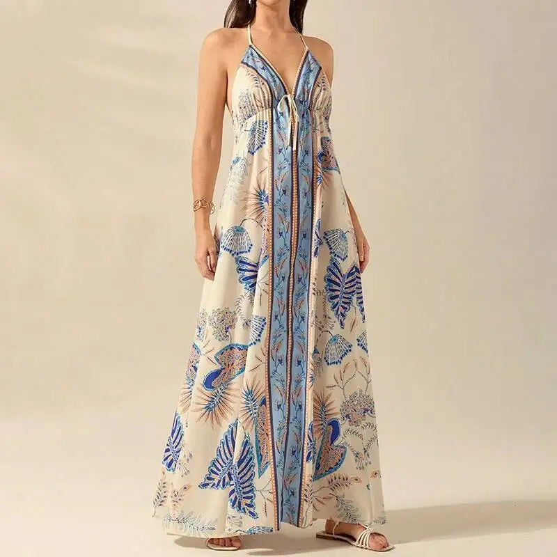 

Elegant Pattern Print Halter Long Summer Sexy Deep V Neck Sleeveless Party Women S Fashion Lace Up Loose Beach Dress