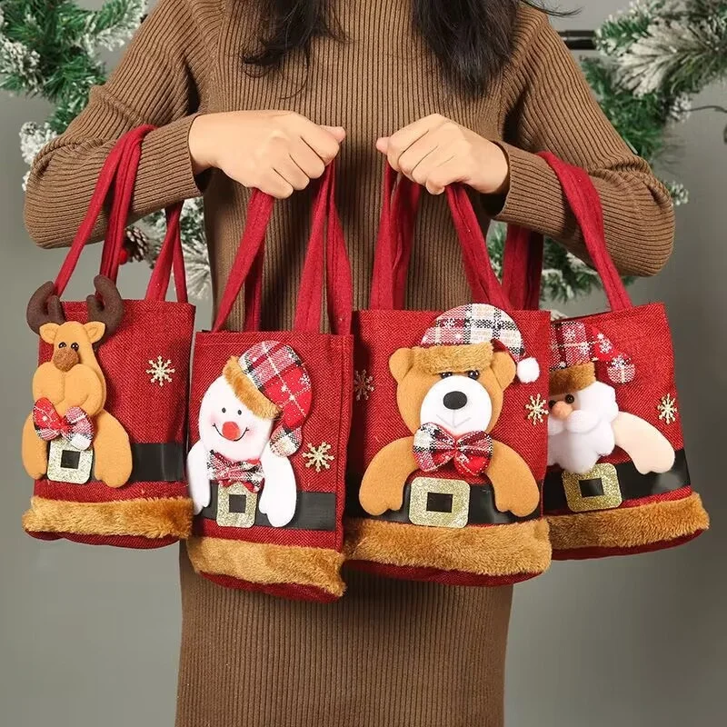 Bolsa de dulces con decoración navideña, bolsa de regalo para manzana, muñeco de nieve para hombre mayor, bolsa de Papá Noel, bolsa de regalo de Navidad, tela de lino, práctica, nueva