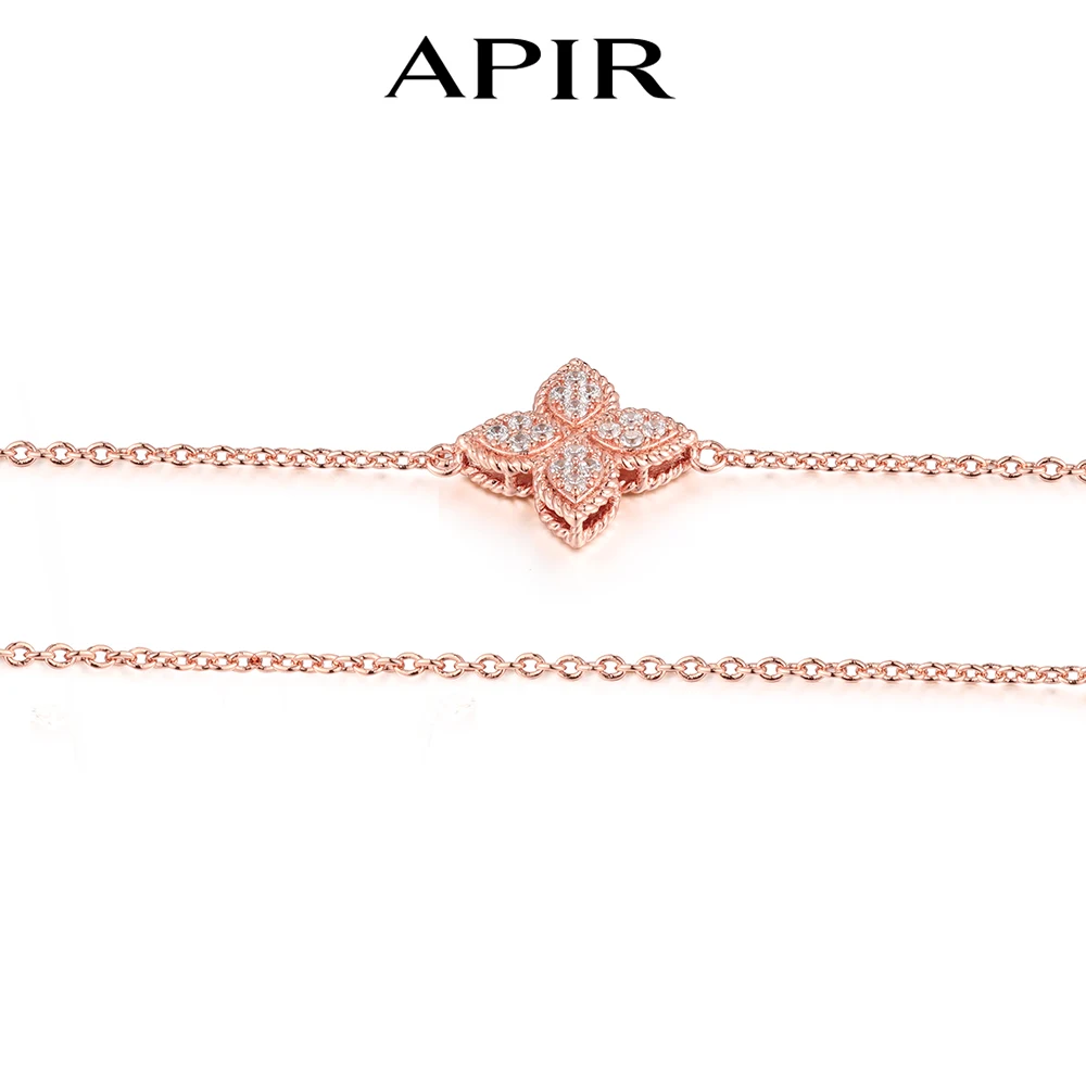 

APIR 925 Sterling Silver Bracelet Four-leaf Clover Shape 5A Zircon Dotted Romantic Anniversary Gift Bracelet for Women Bangle