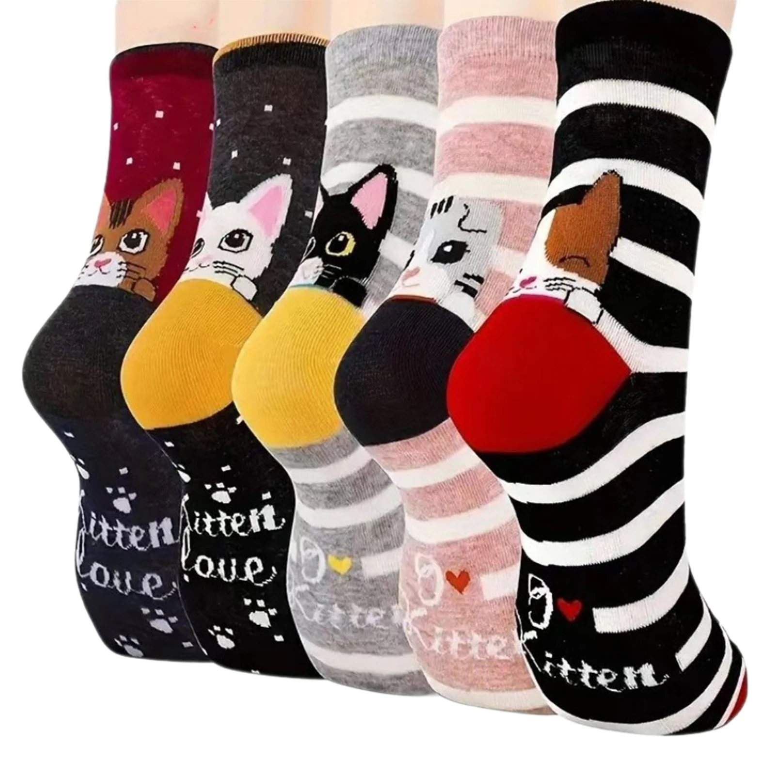 5 Pairs Fashion Women's Cute Cat Socks Cartoon Fun Animal Mid-Tube Sock Soft Comfortable Casual Ankle Socks for Female Girls