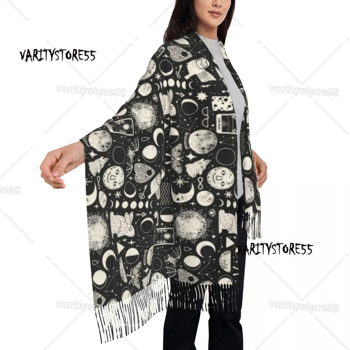 Dame lange Himmels raum Mond muster Mond finsternis Schals Frauen Winter weich warm Quaste Schal Wraps Halloween Hexen schal